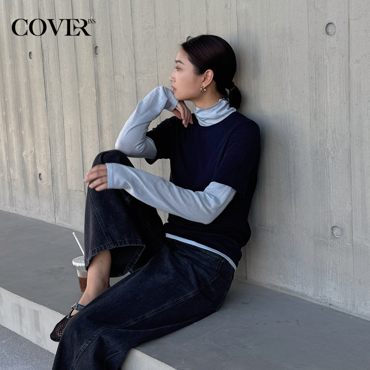 COVERINS可机洗羊毛假两件高领针织衫上衣女2025冬新款CC35506030
