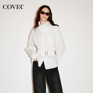 CC35530010 新款 COVERINS纯棉高领腰带设计感衬衫 女上衣2025冬季