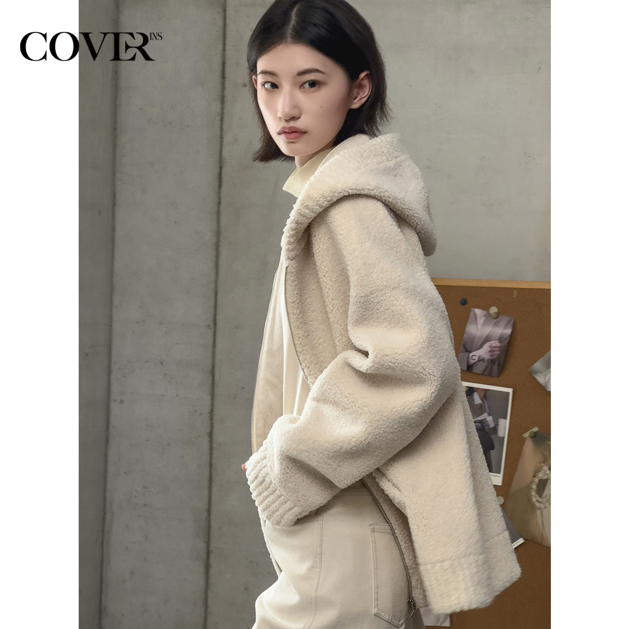 COVERINS【赵今麦同款】2025冬新款环保仿羊羔绒连帽外套女宽松