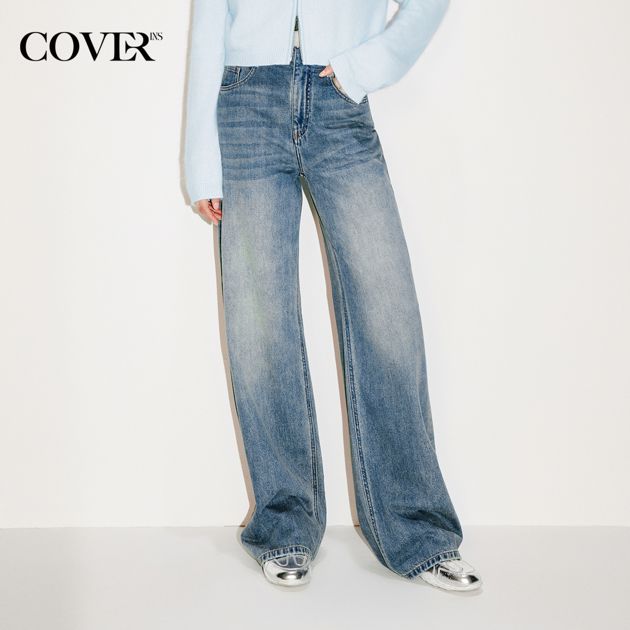 COVERINS重磅棉质牛仔裤女直筒阔腿裤2025冬季新款CC35520190