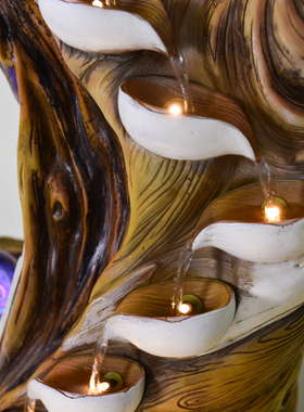 土宫崖柏木雕落地流水生财摆件客厅楼梯拐角装饰阳台喷泉鱼池造景