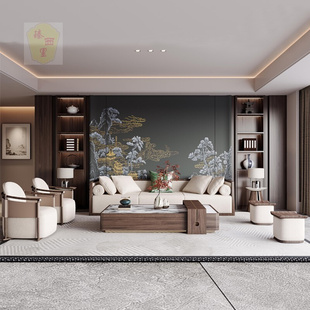 新中式 沙发实木客厅轻奢布艺办公组合全套样板房家具定制