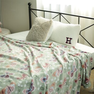 精选绿色蝴蝶单层加厚印花毯子沙发盖毯床尾搭巾拍照毛毯加厚床单