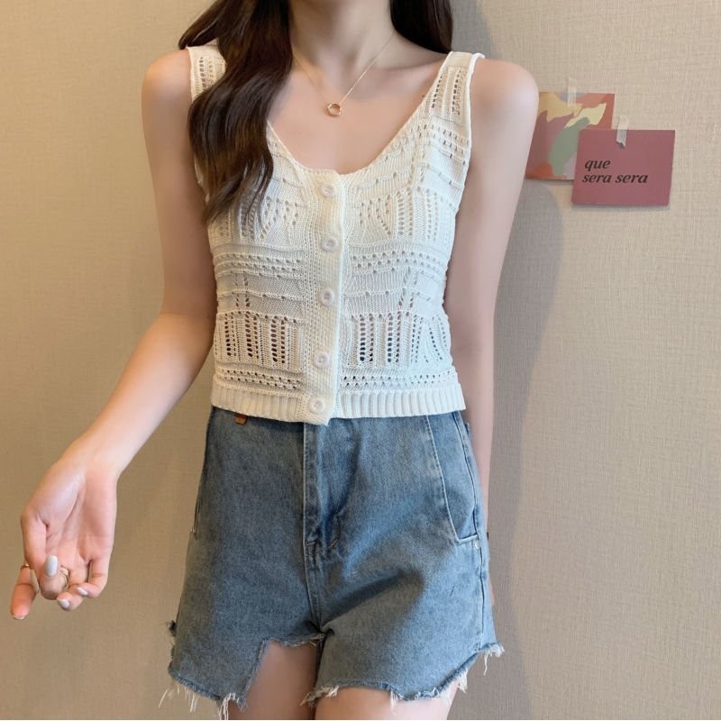 镂空无袖吊带小背心2024夏季新款韩版百搭显瘦外穿针织开衫上衣女,女装/女士精品,背心吊带,淘宝优惠券,粉丝福利购,淘宝优惠卷