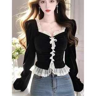 高端秋冬新款黑色丝绒衬衫洋气高级蕾丝花边拼接长袖绝美别致上衣