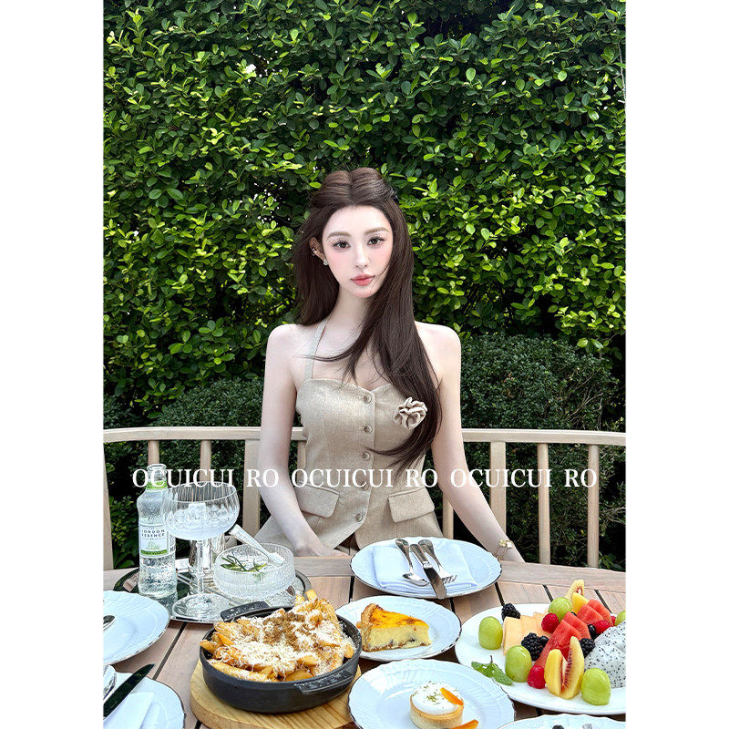 CUICUI崔崔【花开半夏】韩系气质名媛挂脖抹胸上衣休闲裤小香套装