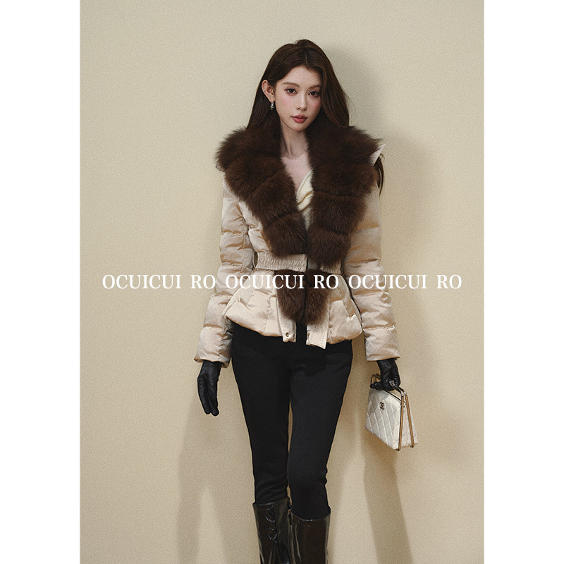 CUICUI崔崔【糖霜絮语】香槟色狐狸毛白鸭绒收腰长短款排骨羽绒服