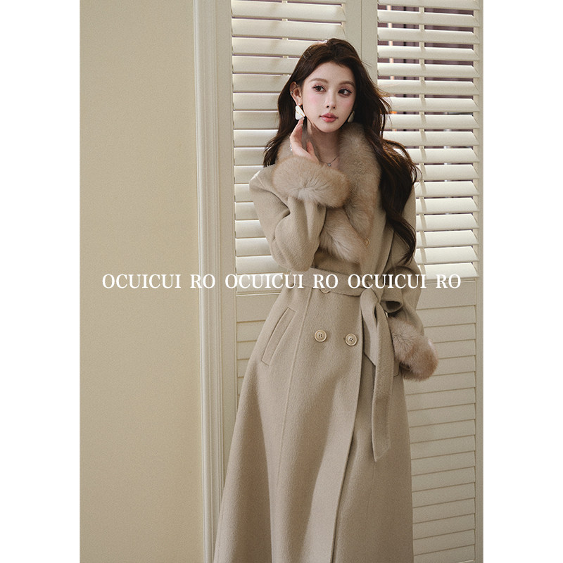 CUICUI崔崔【伯爵夫人】绵羊毛双面呢大衣女狐狸毛领长款毛呢外套