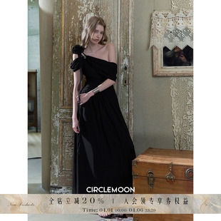 Circlemoon 法式 一字肩收腰黑色修身 早春漂亮连衣裙长裙 芙罗拉