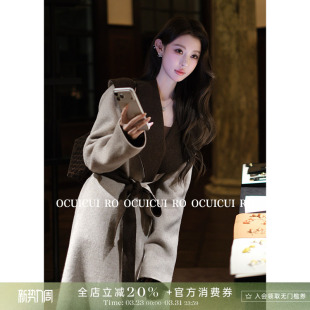 绑带大衣 100澳毛复古翻领毛呢外套女长款 CUICUI崔崔 佩里月光