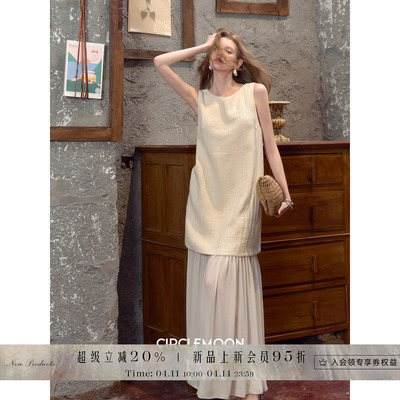 夏季法式拼接无袖连衣长裙