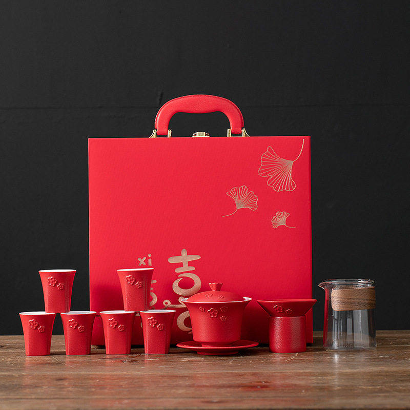 红色茶具套装盖碗茶杯端随手礼6杯子全套功夫茶档礼盒装,餐饮具,功夫茶具,淘宝优惠券,粉丝福利购,淘宝优惠卷