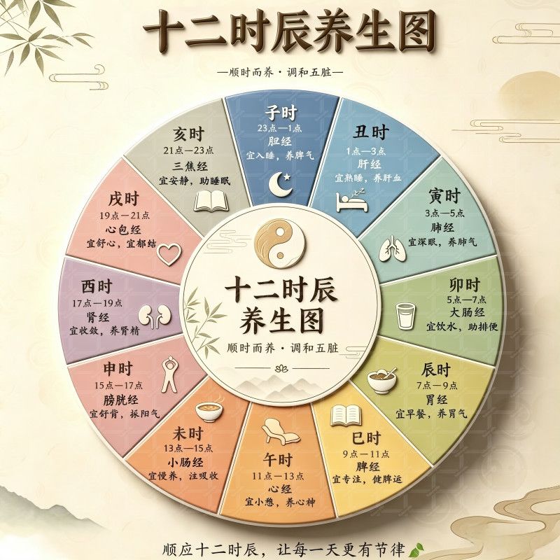 十二时辰养生图圆形自粘贴画防水