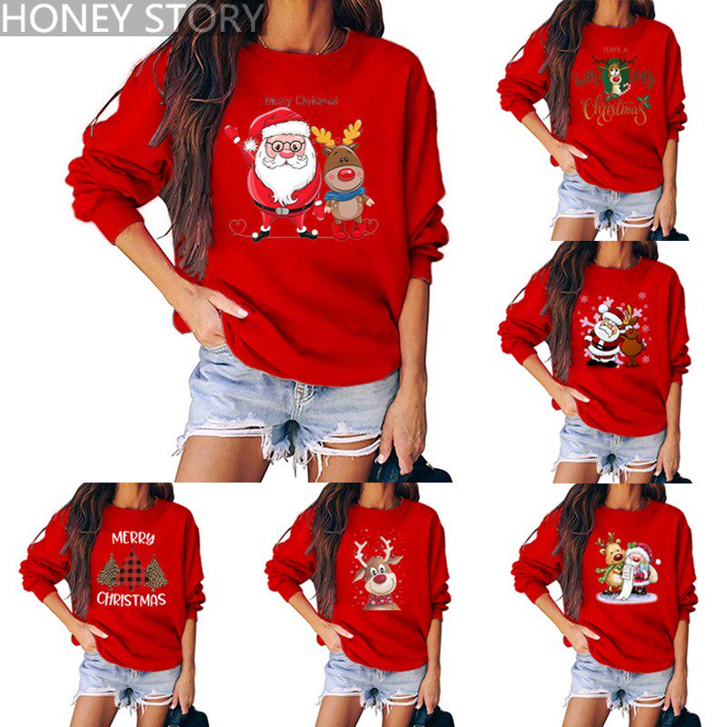 Merry Christmas Sweater 2023圣诞老人麋鹿印花套头男女红色卫衣