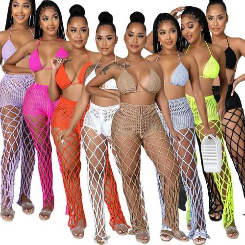 Hollowed beach style fishing net sexy fashion two-piece suit