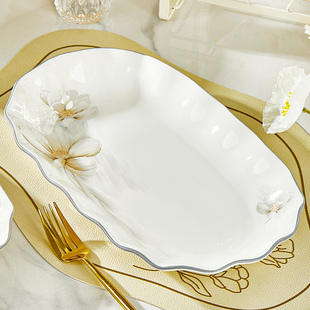 陶瓷鱼盘家用2025新款蒸鱼盘子小清新中式椭圆鱼盘大号加厚装鱼碟