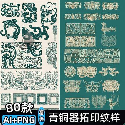 青铜器纹样中国传统古典饕餮纹图案三星堆拓印AI矢量设计素材模板