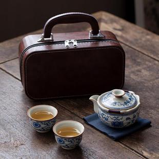 青花汝窑缠枝莲一壶两杯旅行茶具套装便携式包户外茶壶高端快客杯