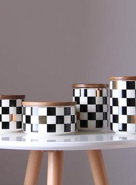 北欧几何格子密封罐带盖陶瓷储物罐子收纳盒咖啡花茶糖果罐摆件