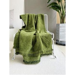 流苏民宿床尾巾橄榄绿毛毯床尾毯装饰毯沙发毯绿色毯子酒店床旗