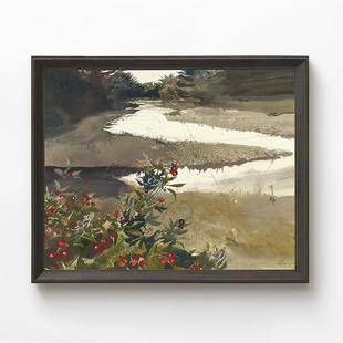 甘加利山湾小溪山水装饰画客厅入口卧室背景挂画覆古实木壁画