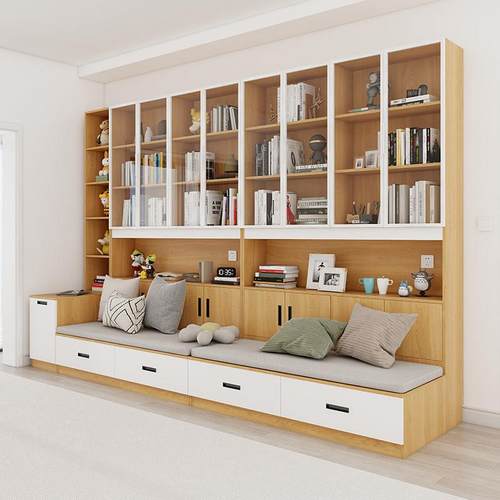 去客厅化卡座书柜一体整墙组合书架落地实木沙发柜带玻璃门储物柜