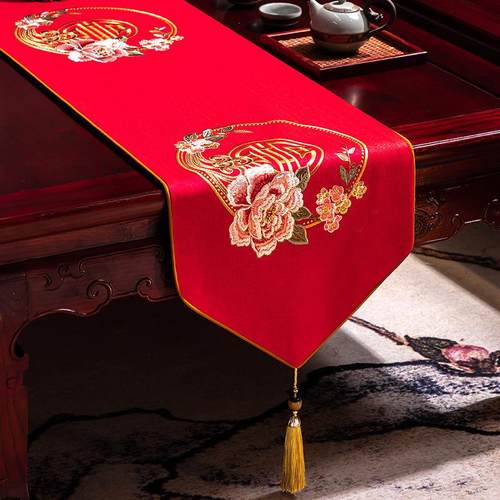 新中式红色餐桌电视柜桌旗长条布艺茶桌桌布垫布禅意茶席垫子茶旗