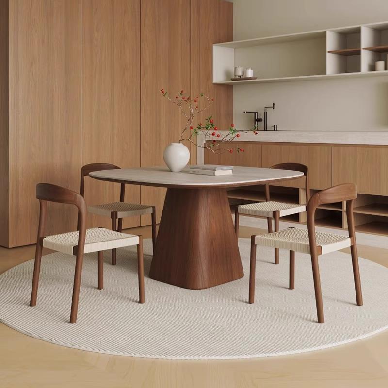 意式极简实木岩板餐桌椅组合家用小户型正方形黑胡桃色小方吃饭桌