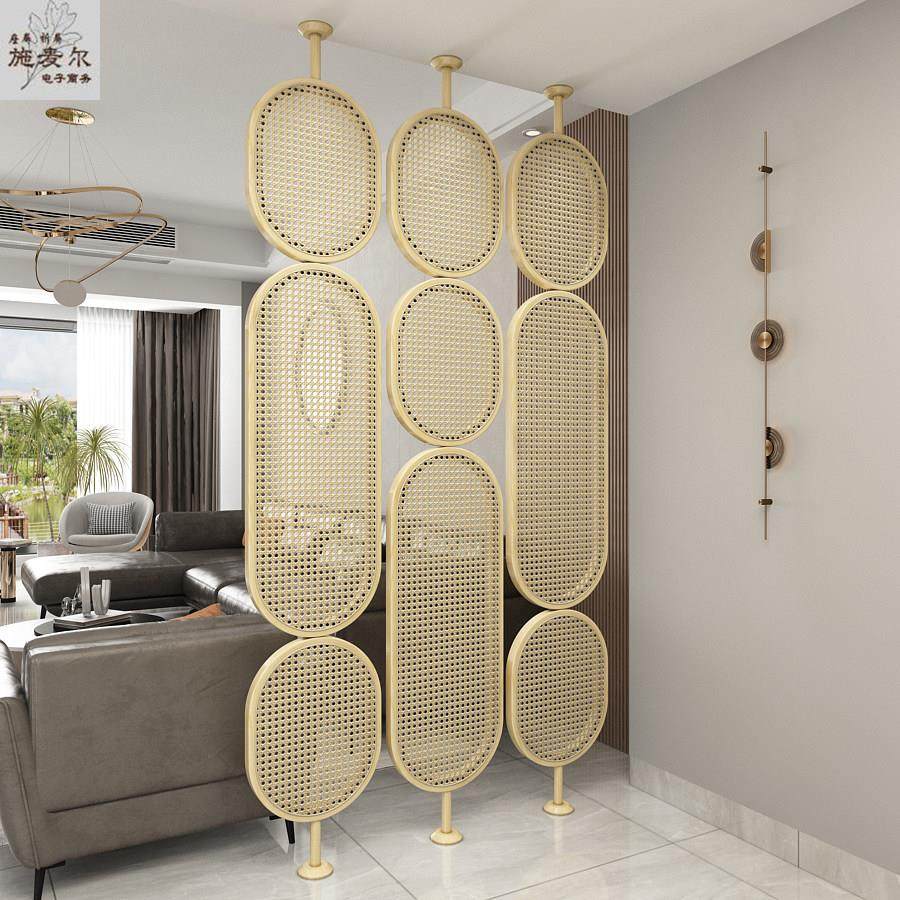 新中式客厅藤编屏风现代简约实木家用入户遮挡玄关可定制酒店隔断