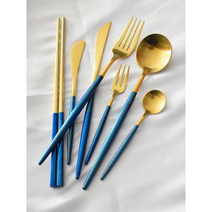 蓝柄西餐刀叉欧式夫妇餐具家用甜点勺筷子套装304不锈钢斯堪的纳
