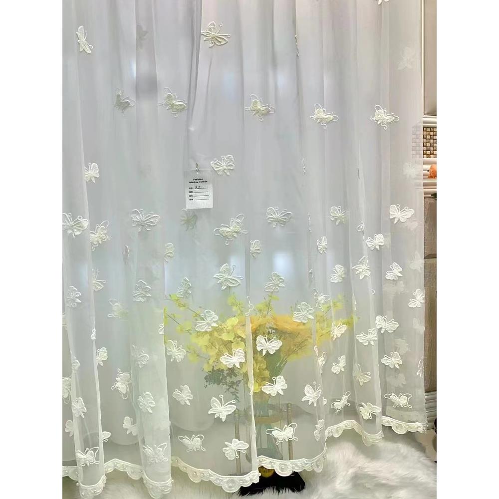 蝴蝶绣花纱帘白沙客厅卧室飘窗透光遮阳透气窗帘纱窗成品定制