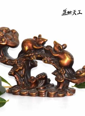 纯铜小号紫铜色如意元宝铜鼠铜老鼠一对黄铜工艺品祝福摆件长22cm