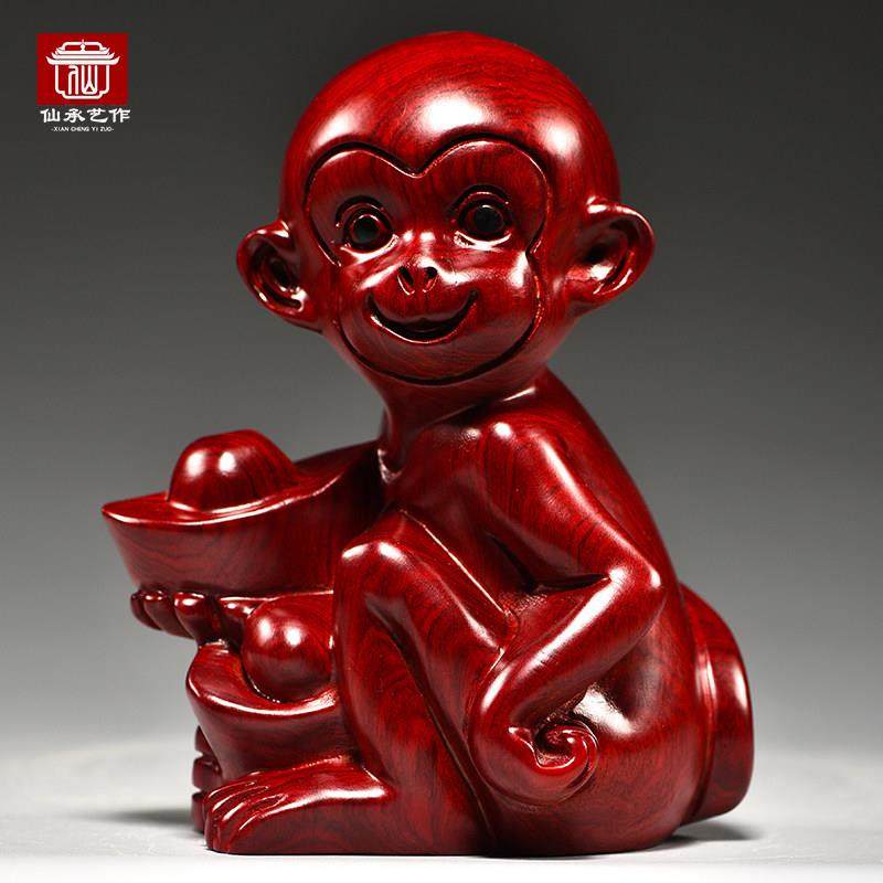 红色木头小猴子摆件实木质雕刻十二生肖木制猴子吉祥物装饰工艺品
