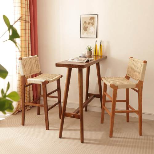 实木绳编吧椅家用复古餐椅酒吧餐厅高脚凳侘寂风岛台椅前台接待凳