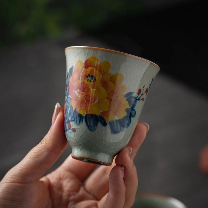 釉下彩手绘茶杯景德镇覆古写意画牡丹主人杯单个老陶泥茶具闻香杯