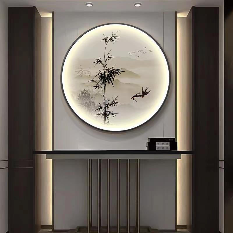 新中式圆形灯画餐厅入户玄关背景墙挂画带灯装饰画茶室禅意花鸟画图片