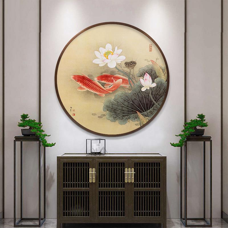 新中式玄关装饰画荷花花鸟国画客厅沙发挂画餐厅壁画实木圆形挂画图片