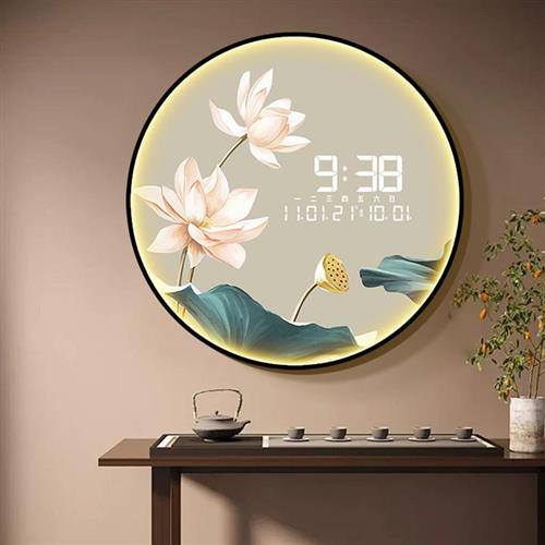 圆形装饰画创意时钟壁灯画过道走廊玄关柜挂画新中式荷花茶室壁画图片