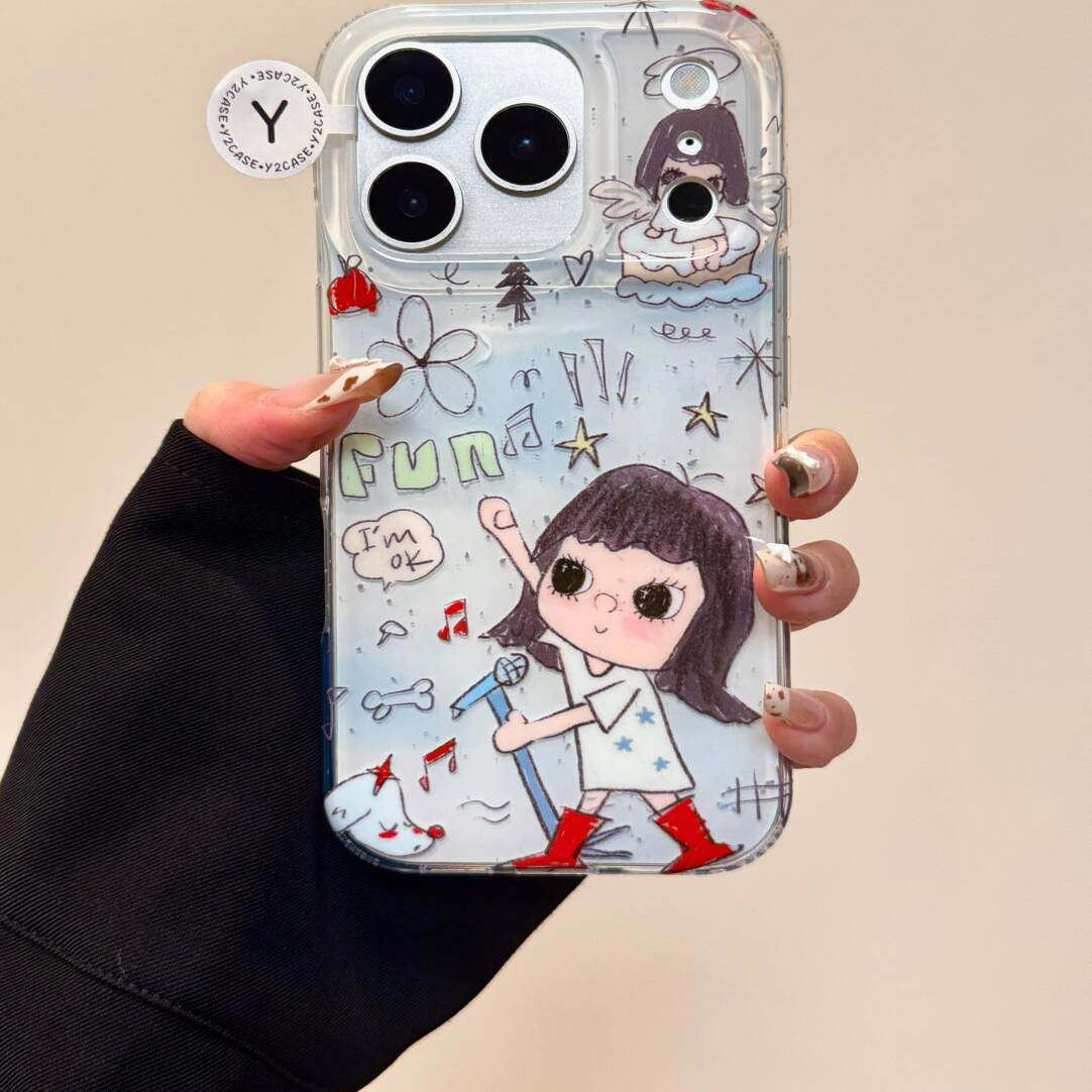 卡通可爱音符爱唱歌的小女孩苹果