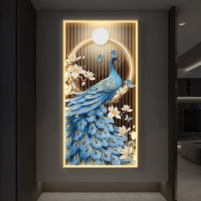 孔雀玄关装饰画走廊过道壁画正对门新中式挂画现代客厅led灯墙画图片