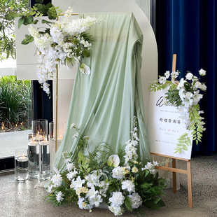 自然风婚礼活动迎宾插花水牌花架仿真壁挂路引花 白绿花艺布置套装