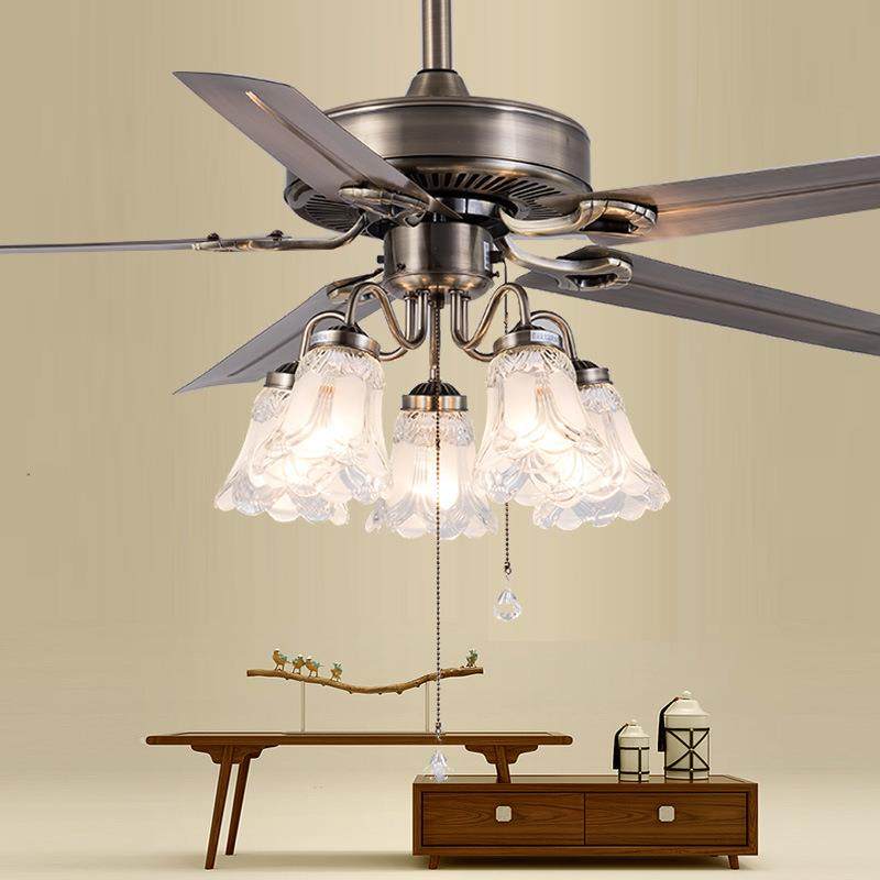 美式乡村吊扇灯家用客厅卧室工业风吊扇铁叶木叶欧式复古风扇灯
