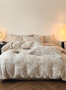 秋冬色织提花四件套纯棉磨毛三层纱加厚全棉床单被套三件套南通市