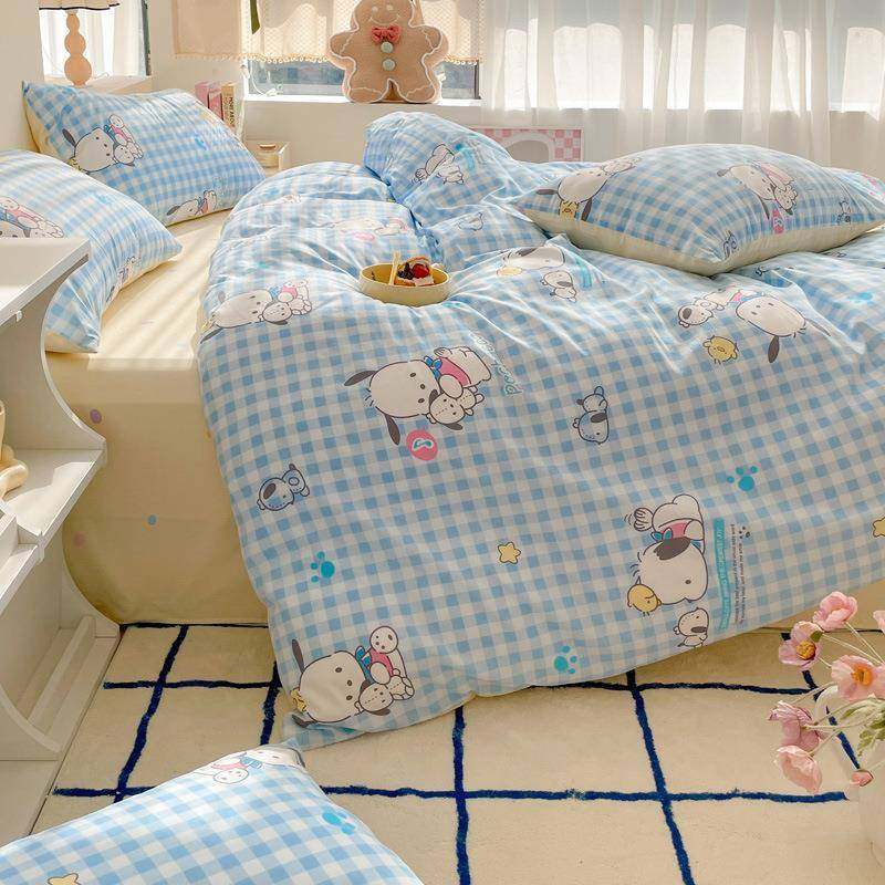 开学卡通全棉四件套纯棉格子儿童学生可爱床上用品床单床笠床包组