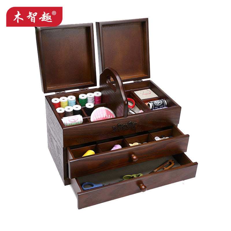 木质复古创意针线盒大号收纳箱桌面物品收纳储物盒抽屉式