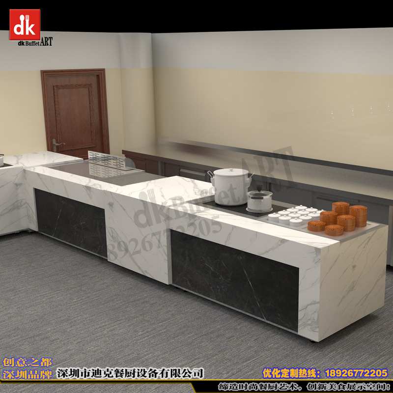明档餐厅设计效果图 酒店餐馆装修设计 组合式移动布菲台自助餐台