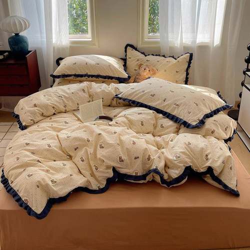 韩版公主风皱皱纱纯棉全棉四件套简约花边床单被套斜纹床品批