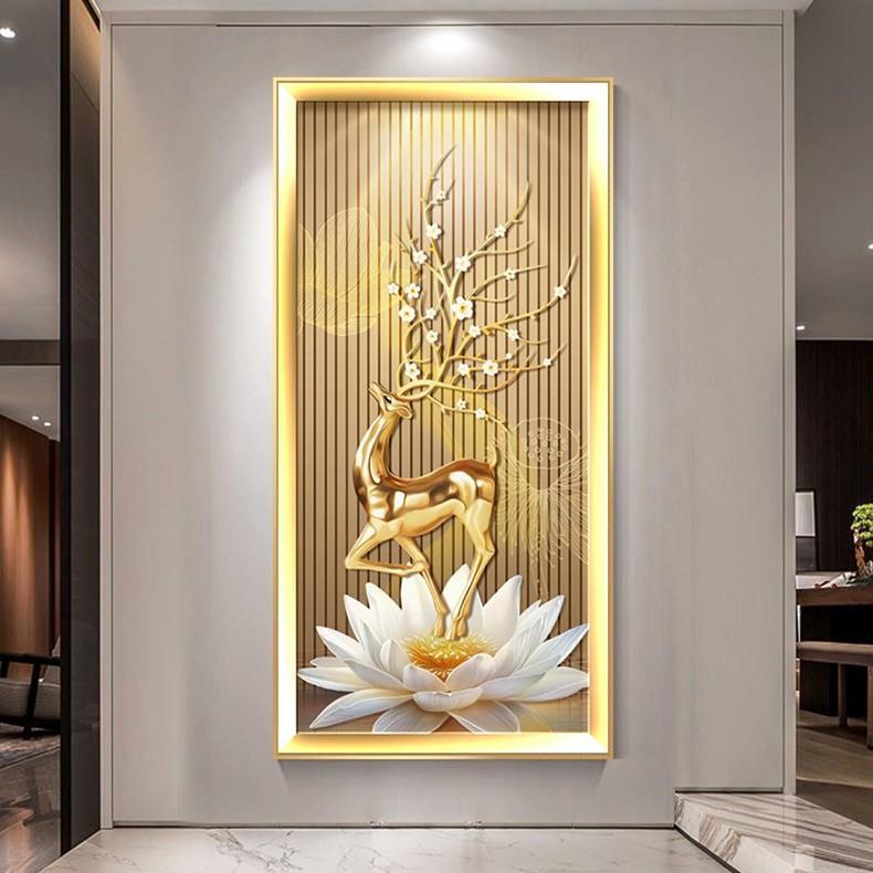 金鹿送福玄关装饰画新中式创意麋鹿走廊过道挂画轻奢莲花带灯壁画