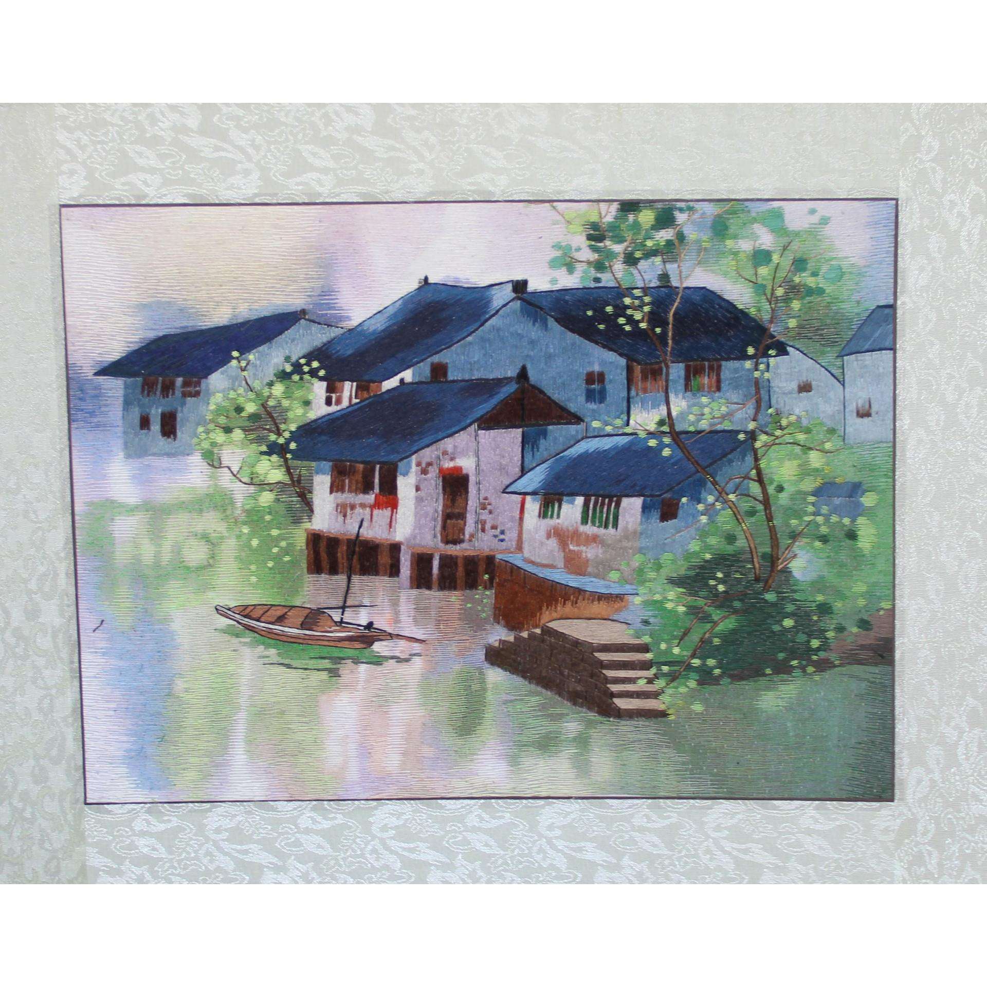 苏绣手工画客厅书房办公室装饰画苏州手工刺绣画水乡厂家生产