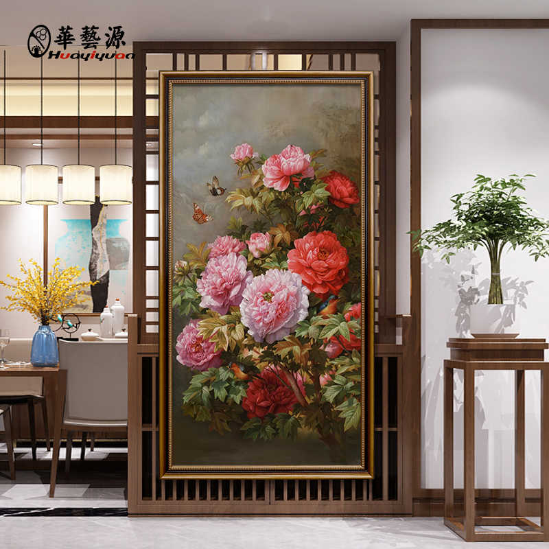纯手绘油画花开富贵新中式客厅餐厅竖版牡丹花装饰画玄关挂画定制图片